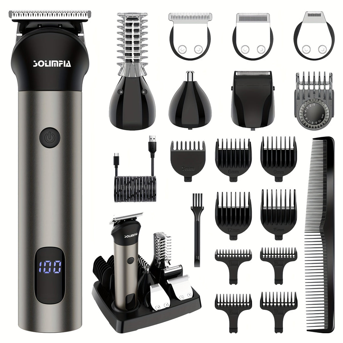 7-in-1 Hair Clipper Grooming Kit for Men Professional Cordless Barber Trimmer Set Beard Nose Body Hair USB Rechargeable 9 Guide Combs Self-Sharpening Blade Home Barber Kit Black