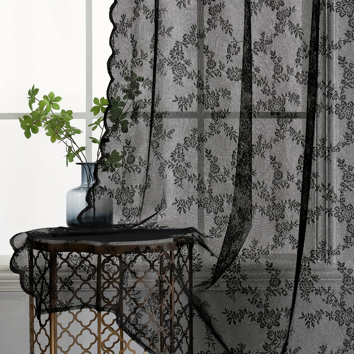 Sheer Lace Curtains 2 Panels Bohemian Floral Semi-Transparent Rod Pocket Window Curtains for Living Room Bedroom All Seasons