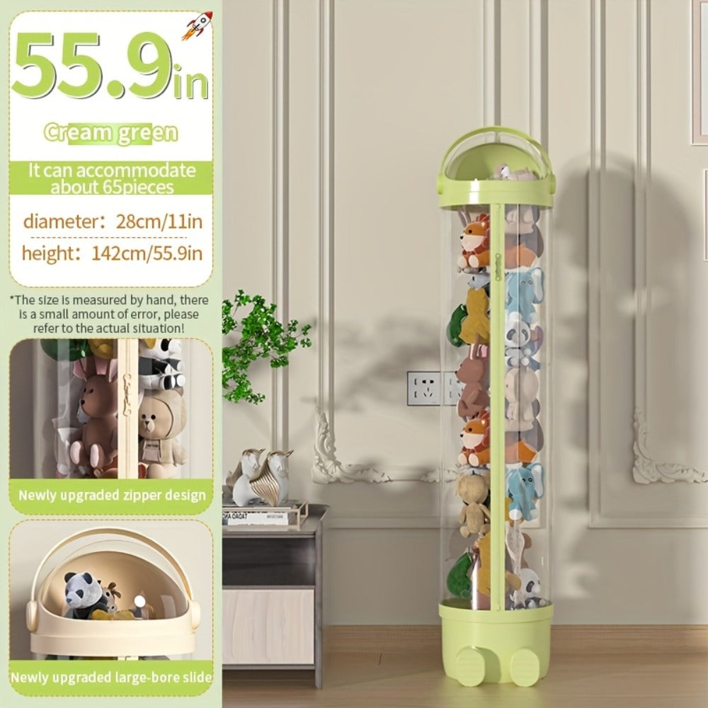 Stuffed Animal Storage Bin Transparent Cylindrical with Zipper – Large Plush Toy Organizer for Kids Bedroom Living Room – Clear Doll Storage Bag Easy Assembly
