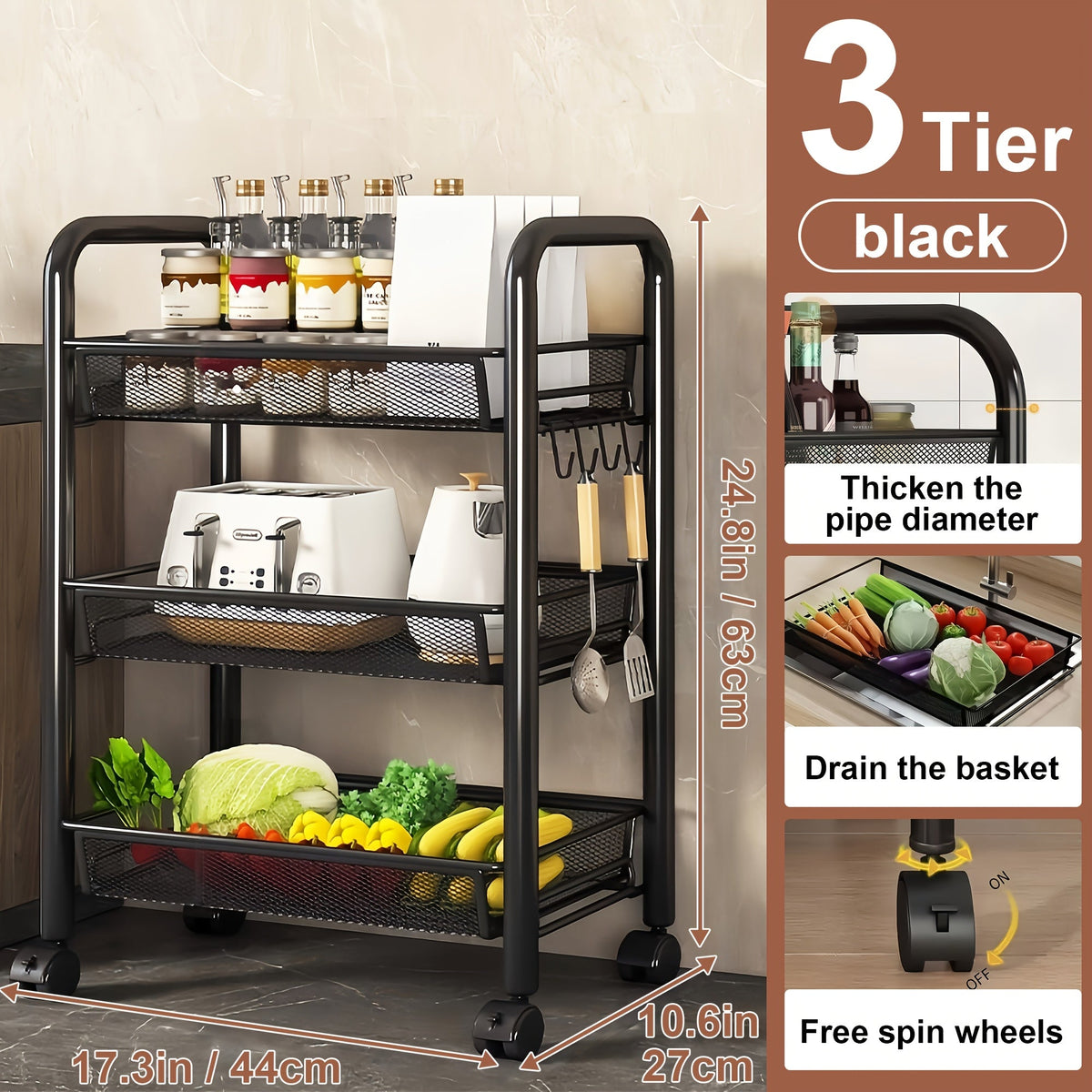 Storage Cart on Wheels in Carbon Steel for Kitchen and Bathroom (Space-Saving Detachable Shelving Unit)