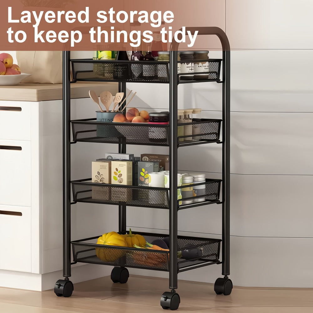 Storage Cart on Wheels in Carbon Steel for Kitchen and Bathroom (Space-Saving Detachable Shelving Unit)