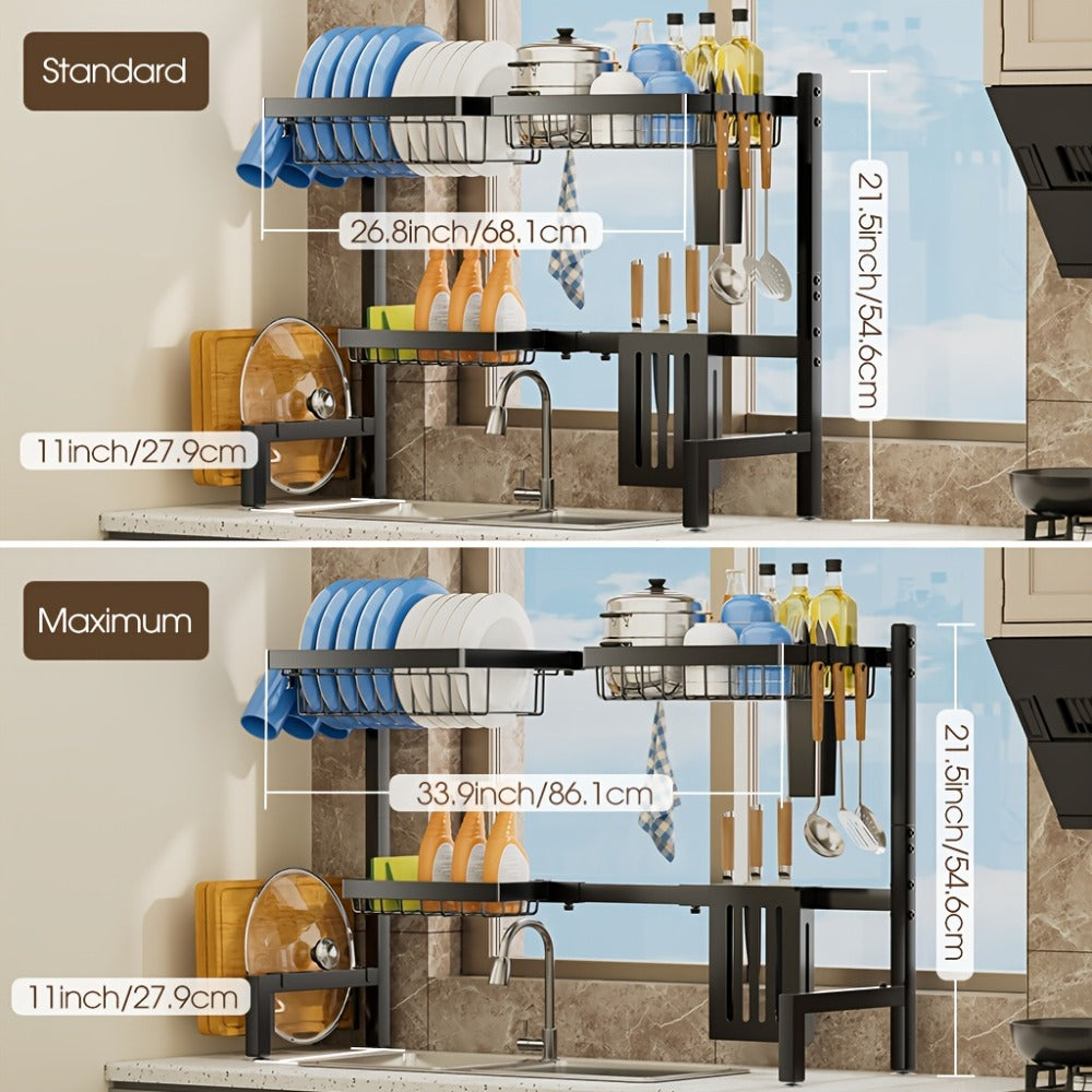 Over-the-Sink Dish Drying Rack, Adjustable Two-Tier 304 Stainless Steel Kitchen Organizer for 30 to 34-Inch Widths