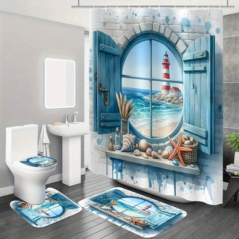 Shower Curtain Set, Ocean View Pattern Nautical Bathroom Decor, Toilet Seat Cover & 12 Hooks for Apartment Hotel