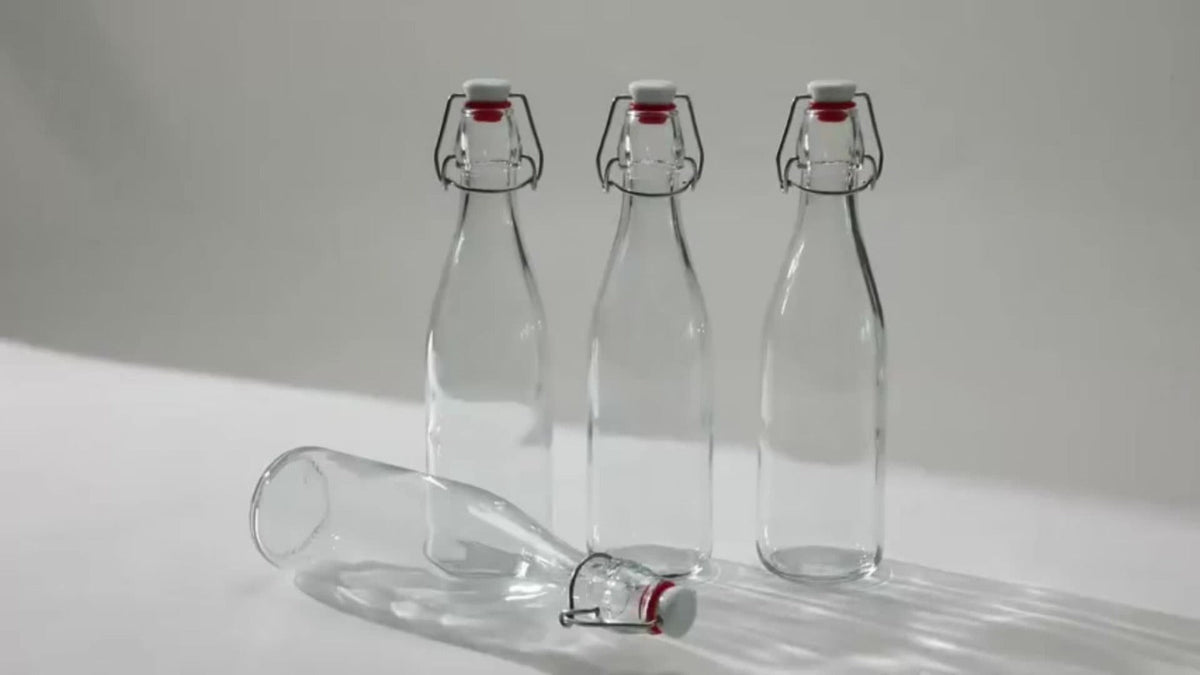 Glass Swing Top Bottles 8.45oz – Round Iron Clasp Airtight Bottle Set with Funnel for Juice, Kombucha, Syrup & Oil Storage, Reusable Flip Cap Glass Bottles (6, 9, 12 or 18 Pack)