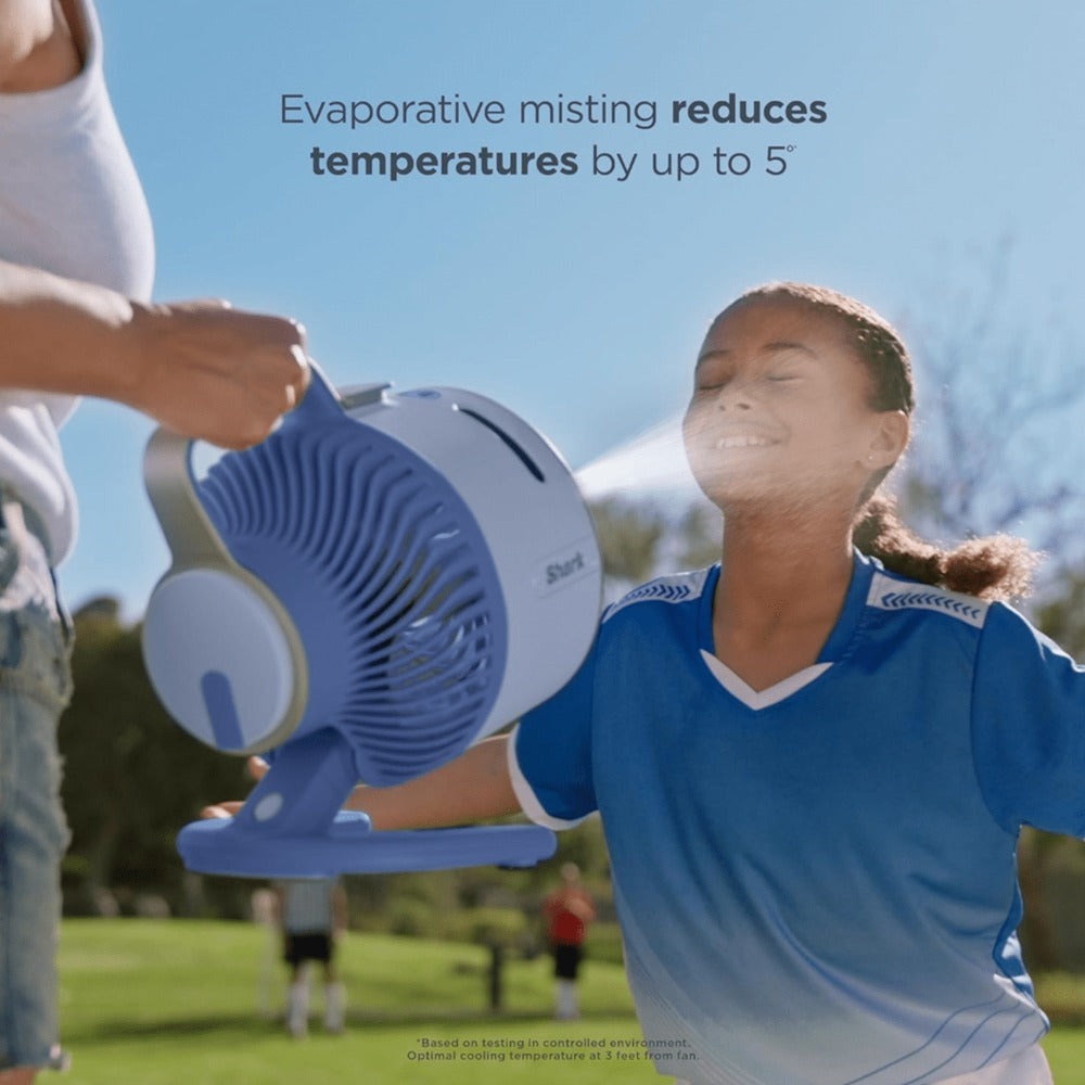 Misting Fan in a Portable Refurbished Sky Color Design for Indoor and Outdoor Use (29Hr Battery)
