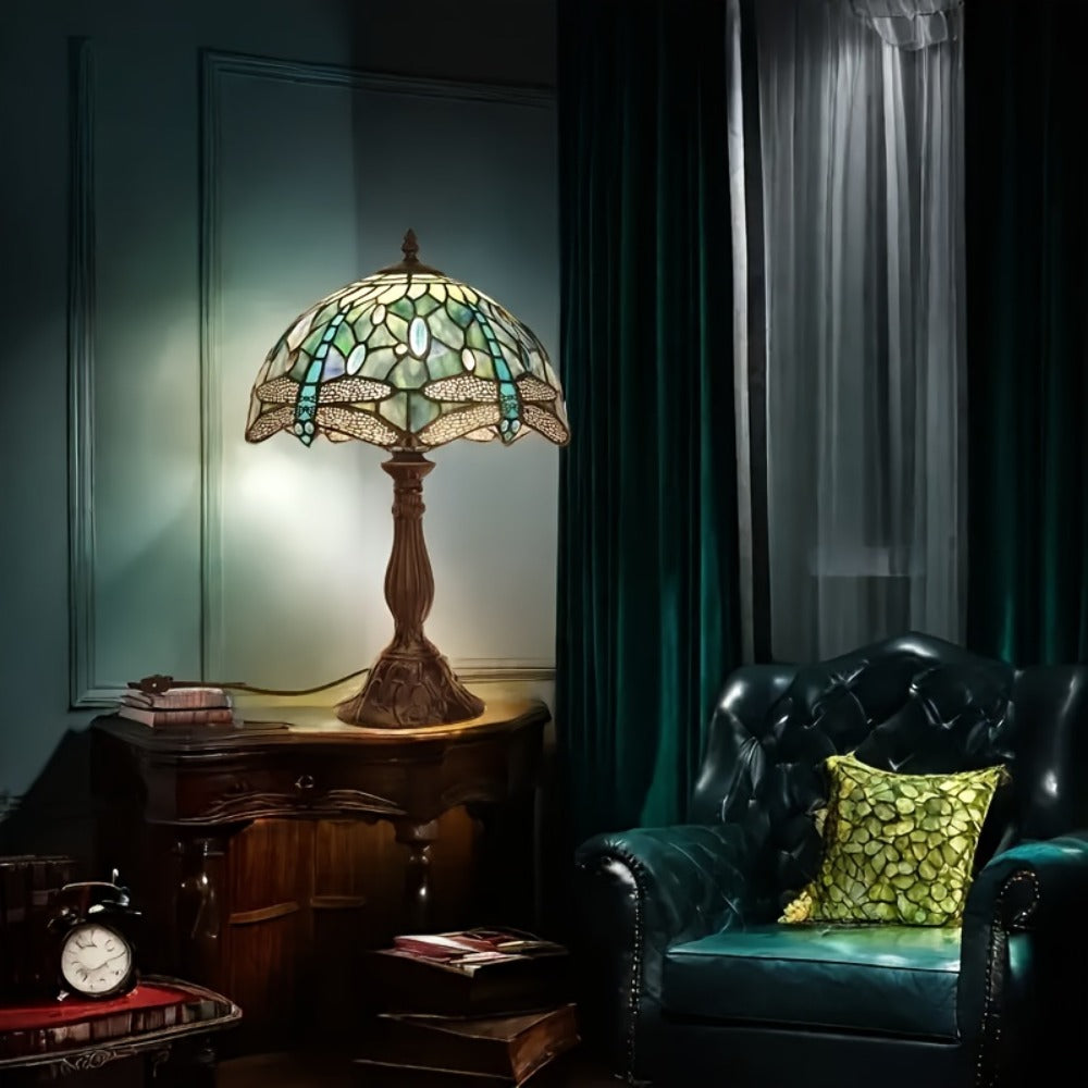 Table Lamp, Colorful Art Glass Shade, 18-Inch LED Night Light for Bedroom Nightstand Living Room Reading Desk Home Decor