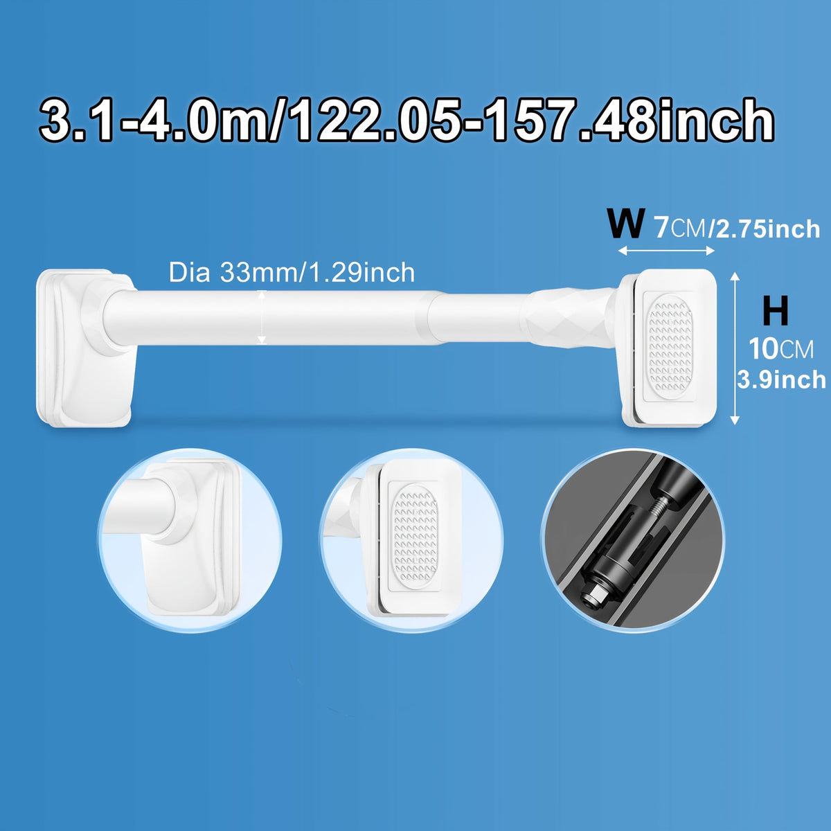 Curtain Rod, 33mm Steel Telescopic Tension Rod with Adjustable Length and No-Drill Installation for Large Windows