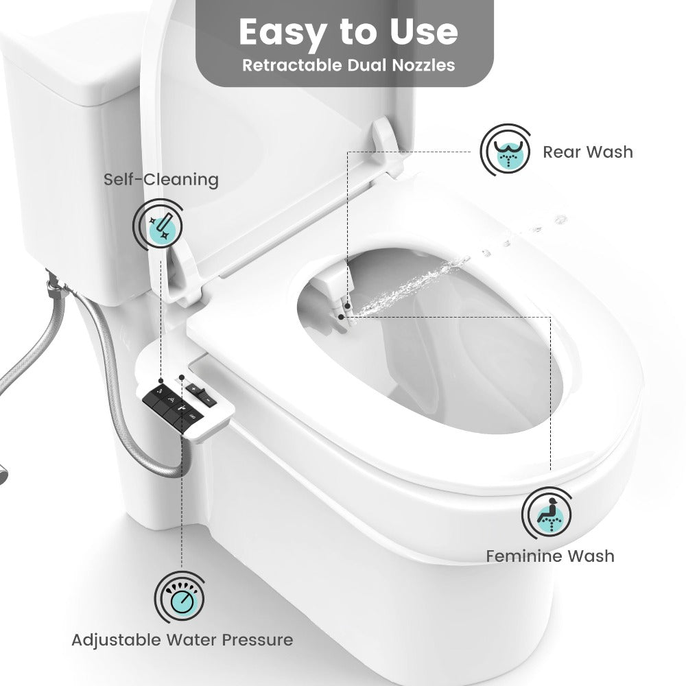 Bidet Attachment, Dual Retractable Nozzle Non-Electric Self-Cleaning Fresh Water Bidet Sprayer, Fits Most Toilets