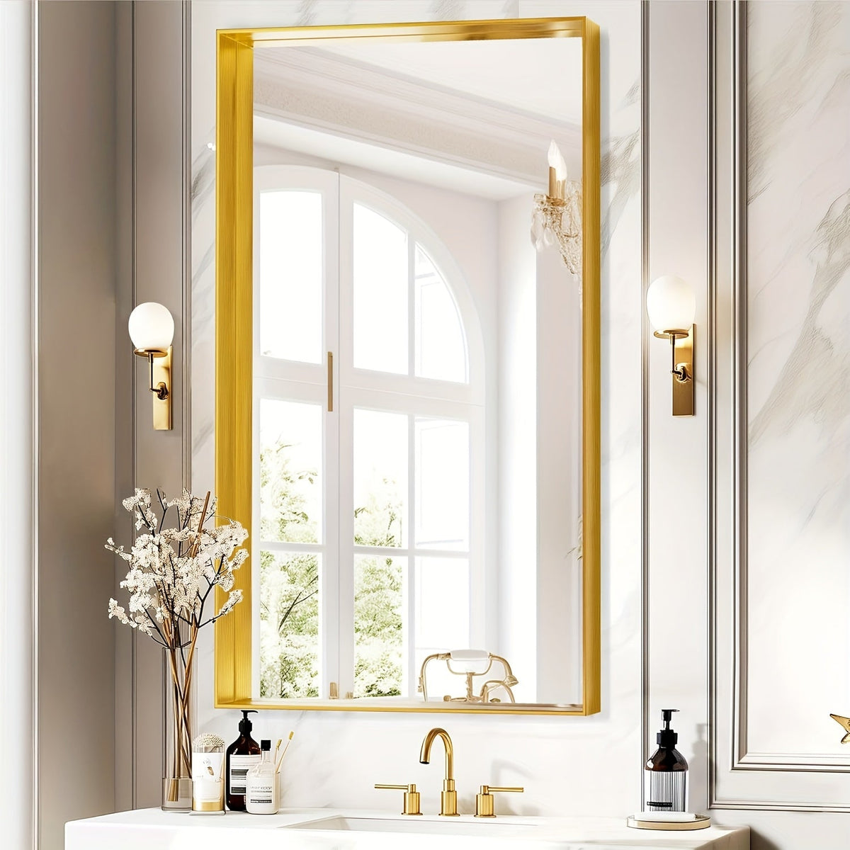 Bathroom Mirror with Rectangular Metal Frame, Horizontal or Vertical Wall Mounting in Three Finishes
