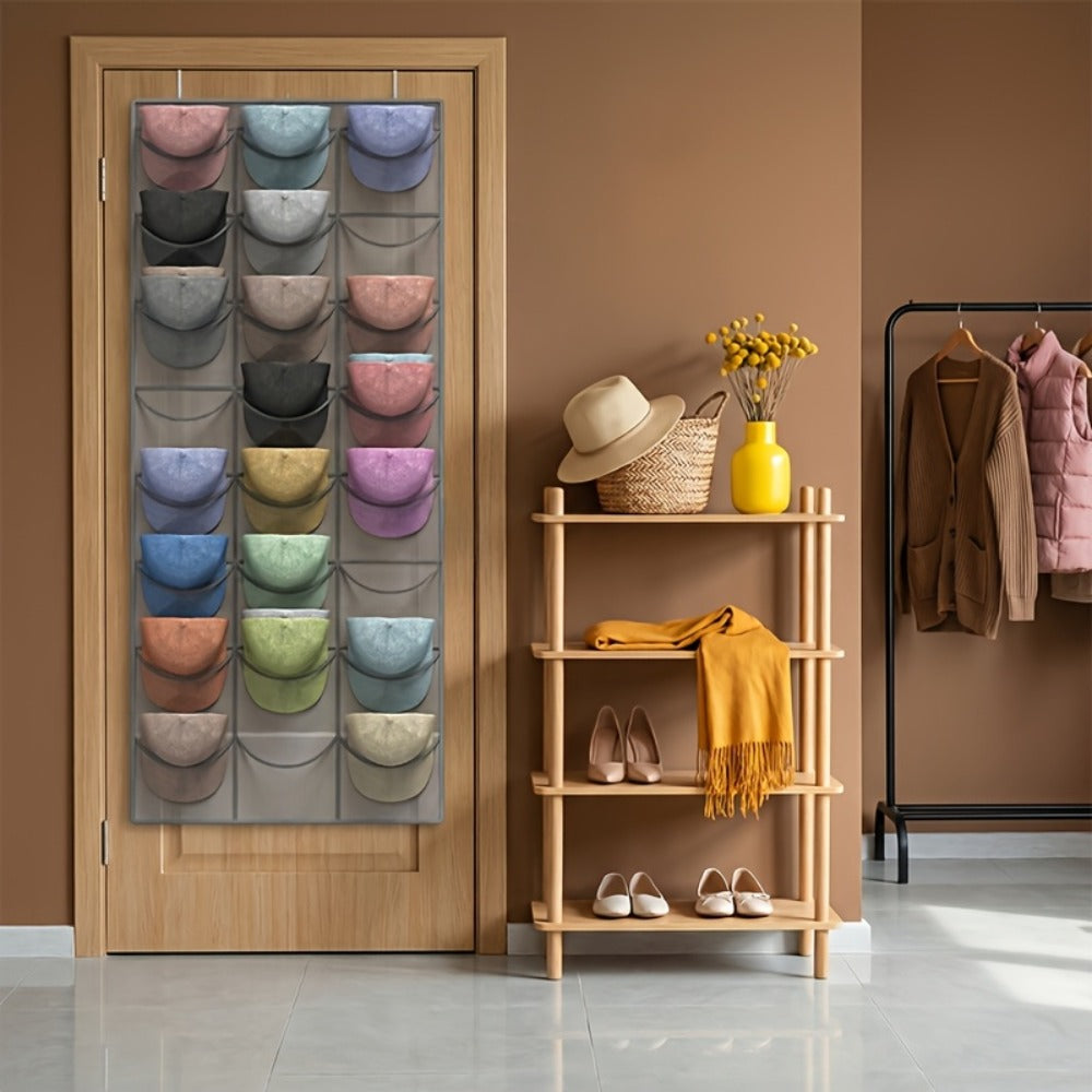 Hat Organizer, Baseball Cap Rack, Large Clear Pockets and 3 Hooks for Hat Storage Protection and Display in Closet