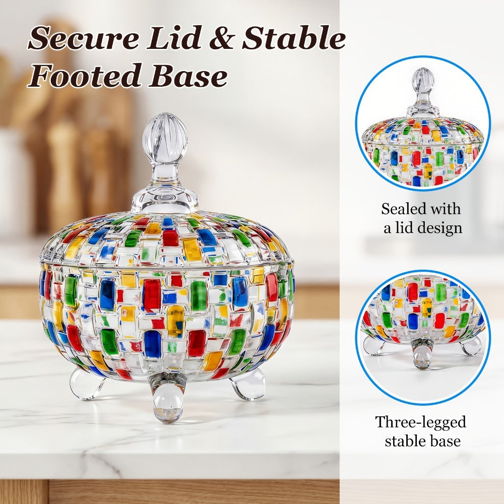 Crystal Glass Candy Dish with Lid and Tongs for Family and Friends