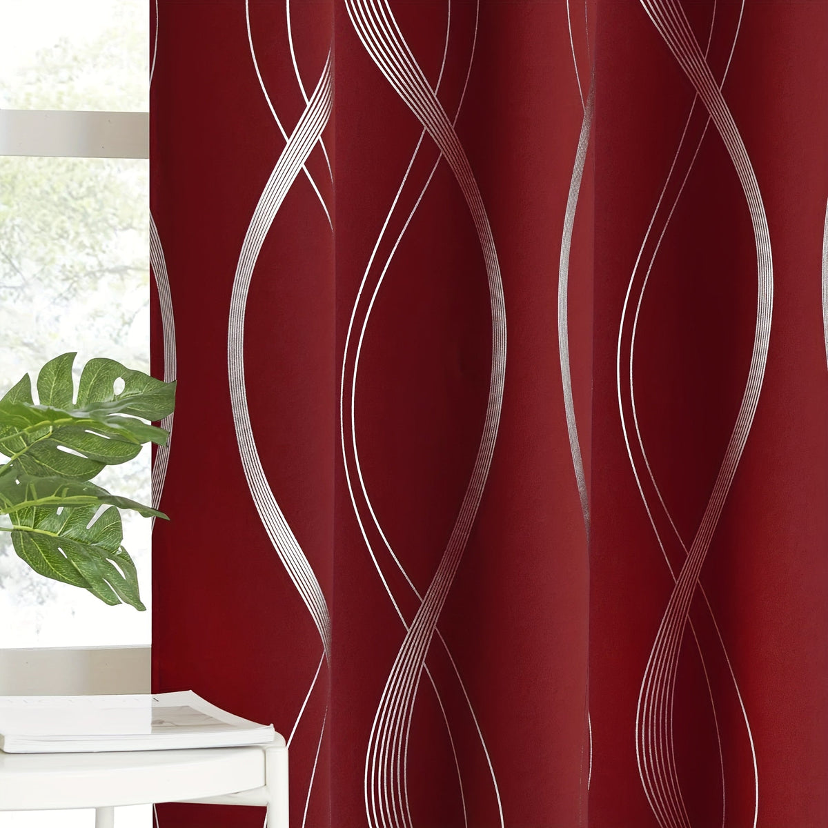 Thermal Insulated Blackout Curtains 2 Panels Wave Line Foil Print Noise Reducing Room Darkening Drapes for Bedroom Living Room Patio Sliding Glass Door