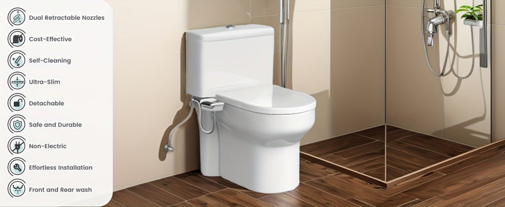 Bidet Attachment, Dual Retractable Nozzle Non-Electric Self-Cleaning Fresh Water Bidet Sprayer, Fits Most Toilets