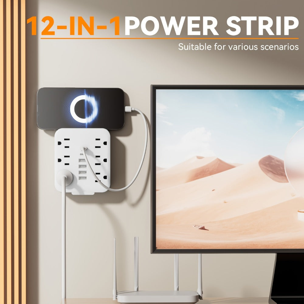 Power Strip, 6 AC Outlets & 6 USB Ports (2 USB-C) Compact Space-Saving Plug, 110-130V US Plug for Home & Office White & Black