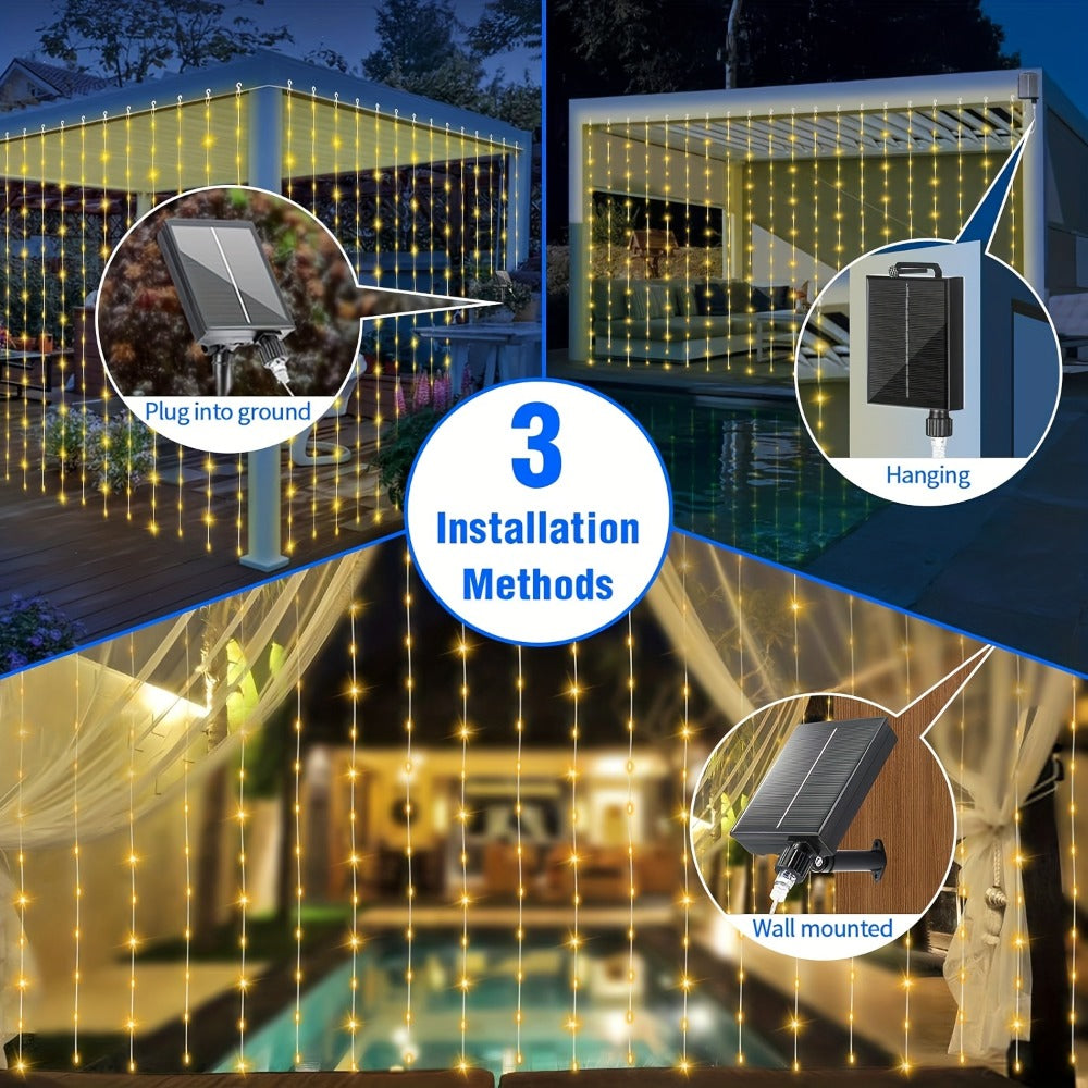 Outdoor String Lights, Solar Curtain Lights Outdoor 300 LED Waterfall Fairy String Lights, 1200mAh lithium rechargeable