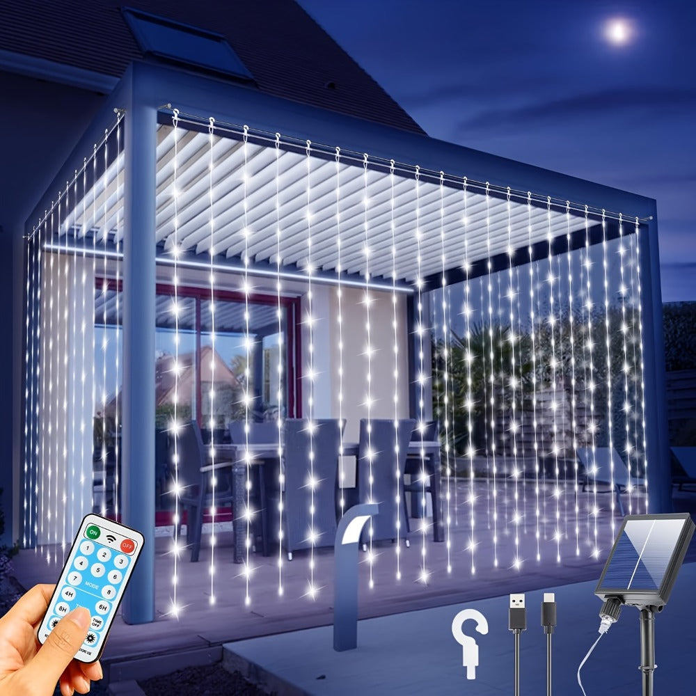 Outdoor String Lights, Solar Curtain Lights Outdoor 300 LED Waterfall Fairy String Lights, 1200mAh lithium rechargeable