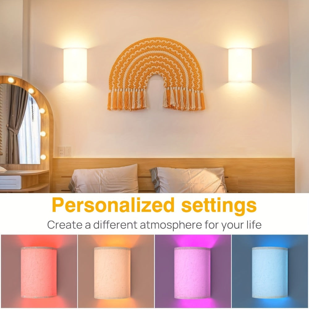 Rechargeable Wall Sconce, Set of 2 Wireless Fabric Shade Wall Light, No Wiring for Bedroom Living Room Hallway Decor