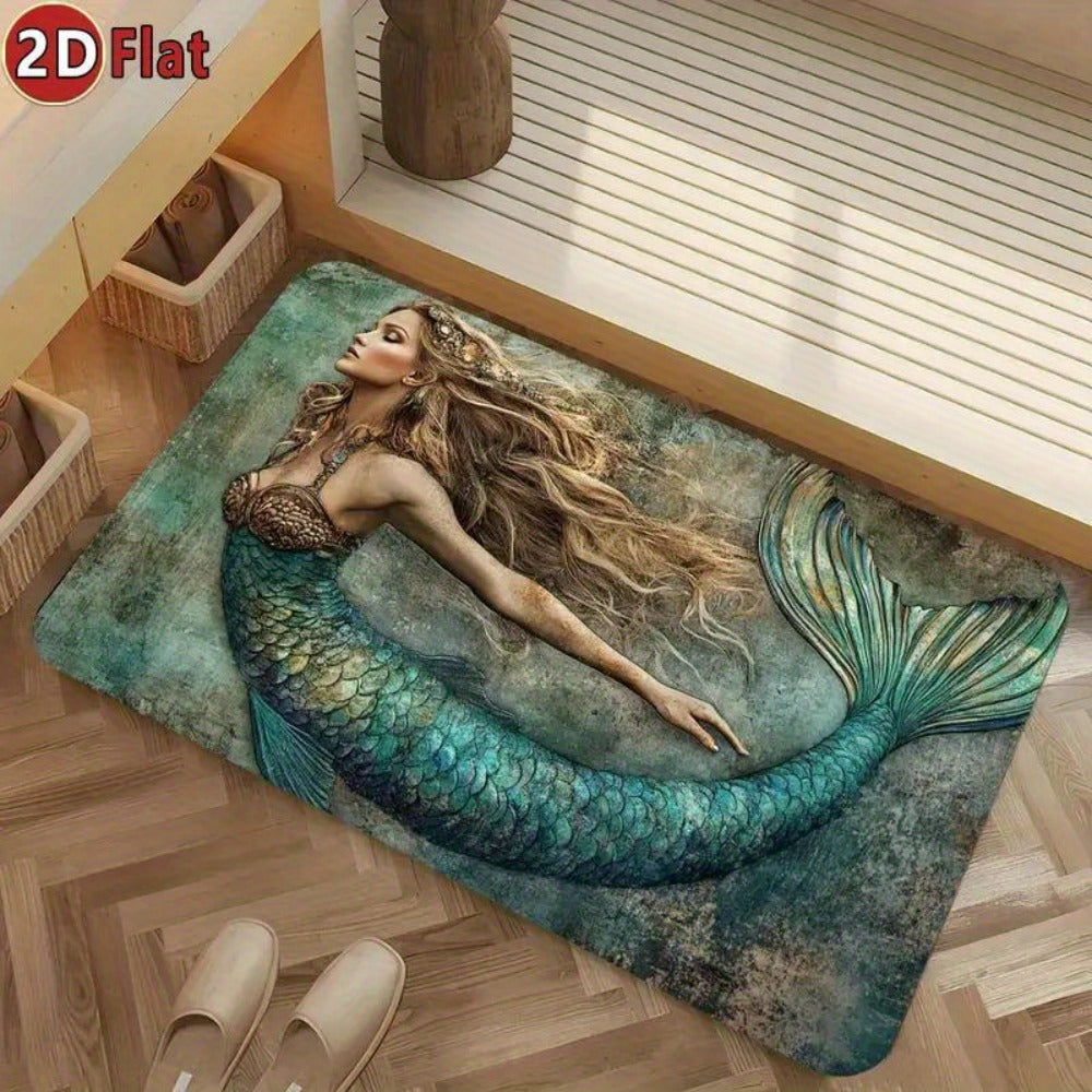 Diatomaceous Earth Bath Mat, Mermaid Non-Slip Quick-Dry Absorbent Bathroom Rug Teal Ocean Design for Bathroom Kitchen Living Room