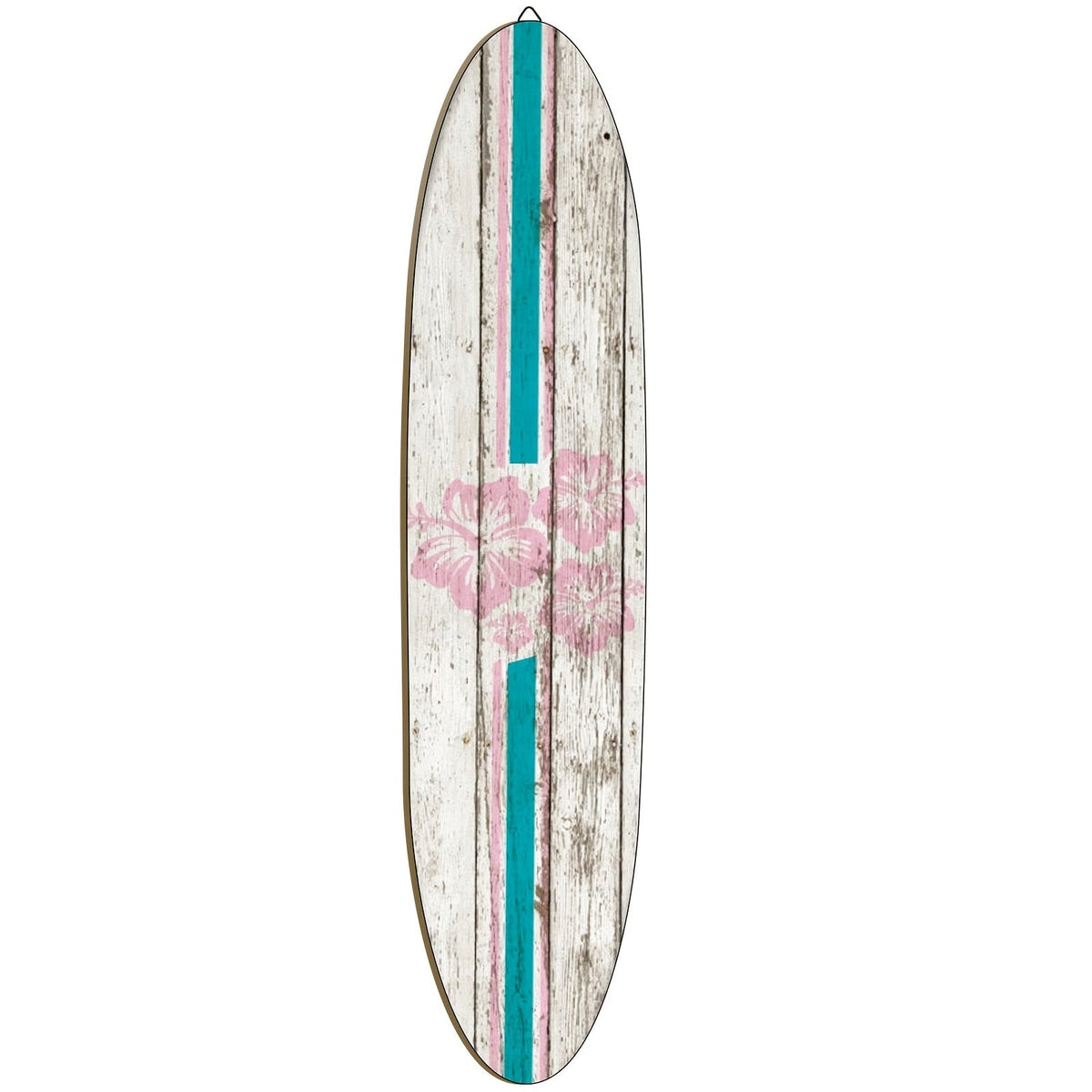 Wooden Surfboard Wall Art 15.74" – Rustic Tropical Beach Decor with Hibiscus & Tiki Mask Design, Frameless Recycled Wood Wall Hanging for Hawaiian Bar, Home, Summer & Vacation Theme Decor