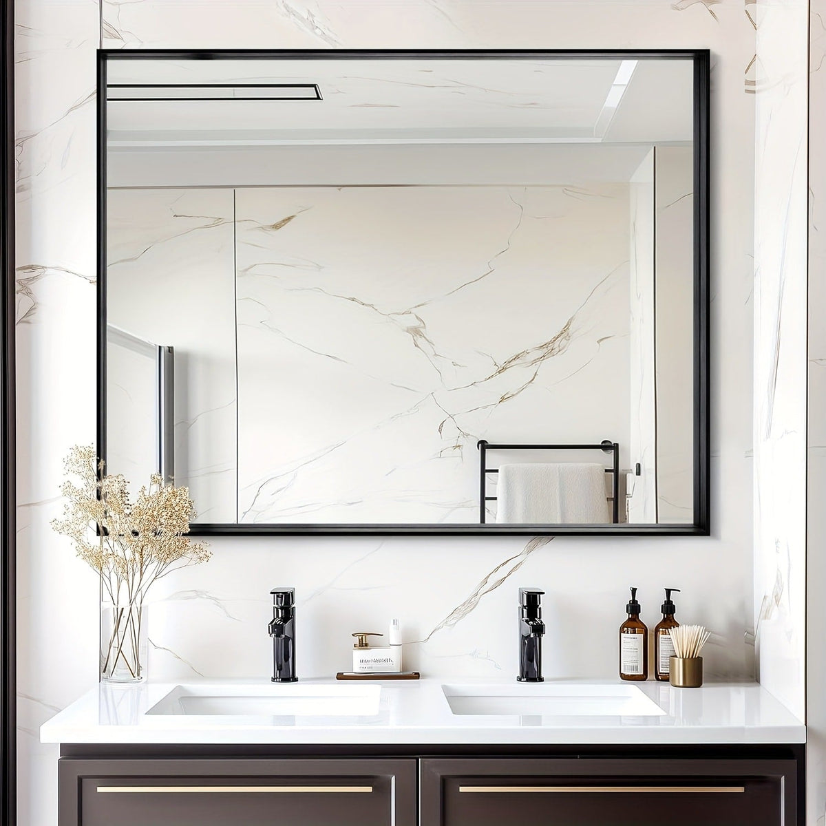 Bathroom Mirror with Rectangular Metal Frame, Horizontal or Vertical Wall Mounting in Three Finishes