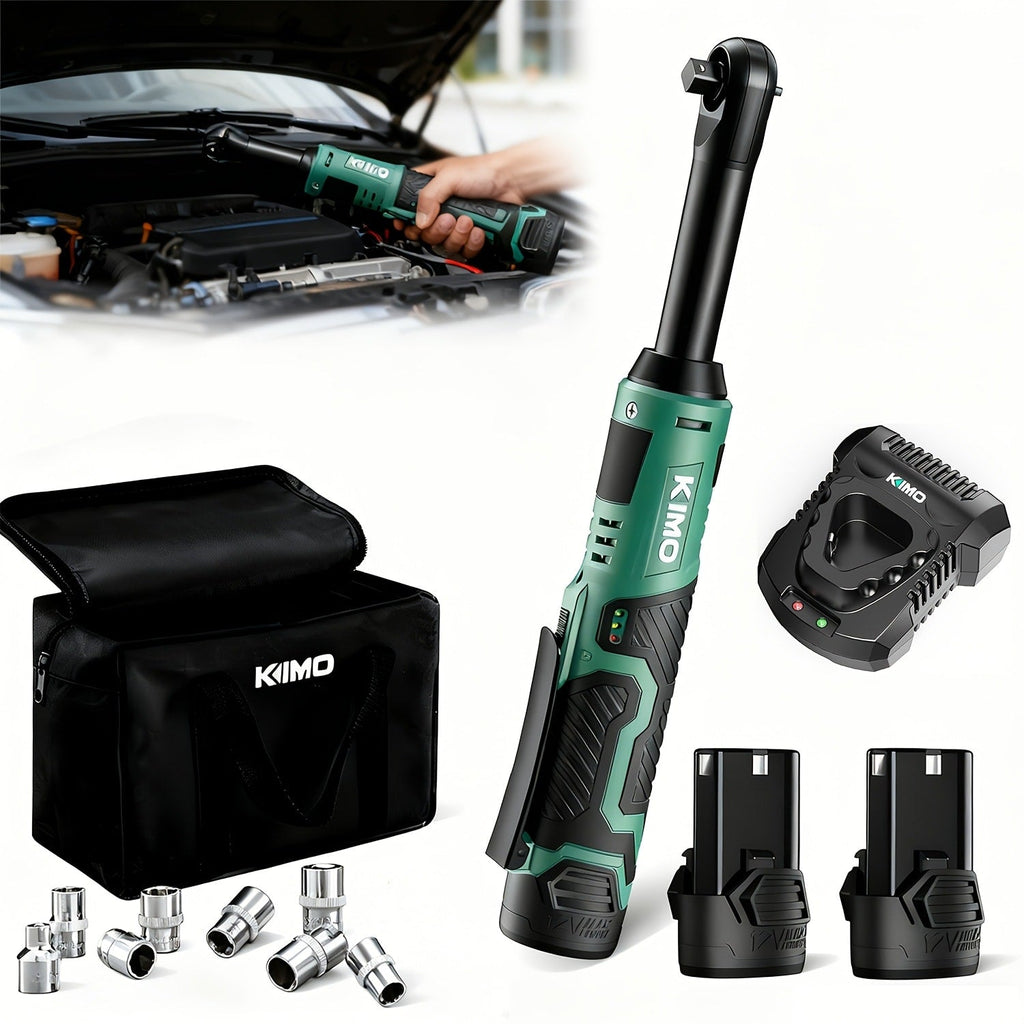 Cordless Ratchet Wrench 3/8 Inch 12V – KIMO 40ft-lb Torque Power Ratchet Set with 2.0Ah Battery, Fast Charger & 8 Sockets